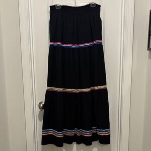 Black Smocked Maxi Skirt with Multicolor Trim